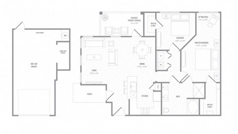 Floor plan for 2 beds, 1 bath, 1088 sqft